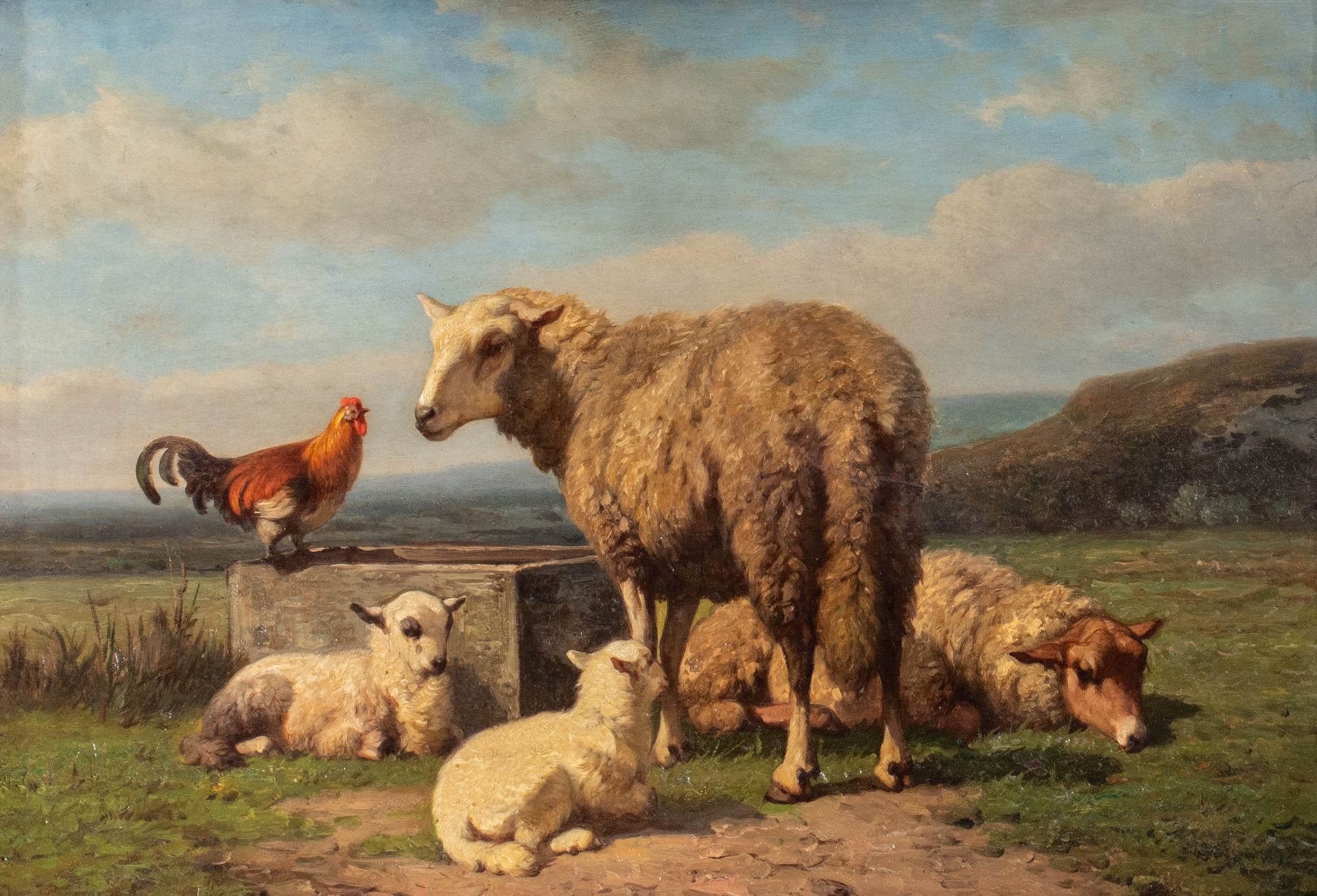 Louis Robbe (1806-1887), sheep and a rooster in a landscape, oil on panel, 30 x 43 cm