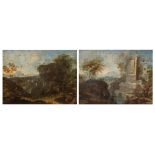 A pair of 17thC Italian pendant landscapes, oil on copper, 10 x 14 cm