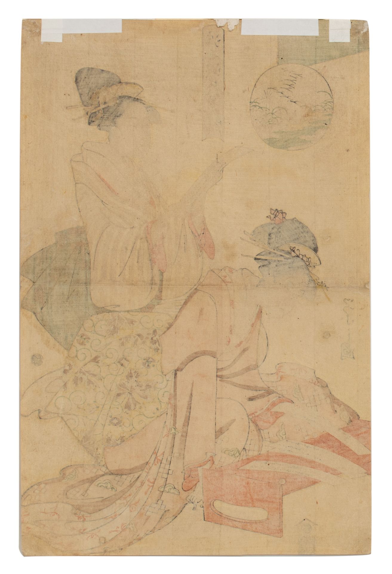 A Japanese woodblock print by Eishi, of courtesans looking at letters, ca. 1796 - Image 2 of 4