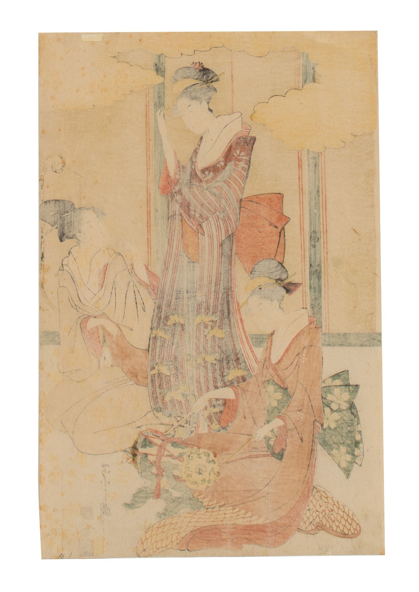 A Japanese woodblock print by Eishi, from the series on musical accomplishments, three courtesans on - Image 2 of 4