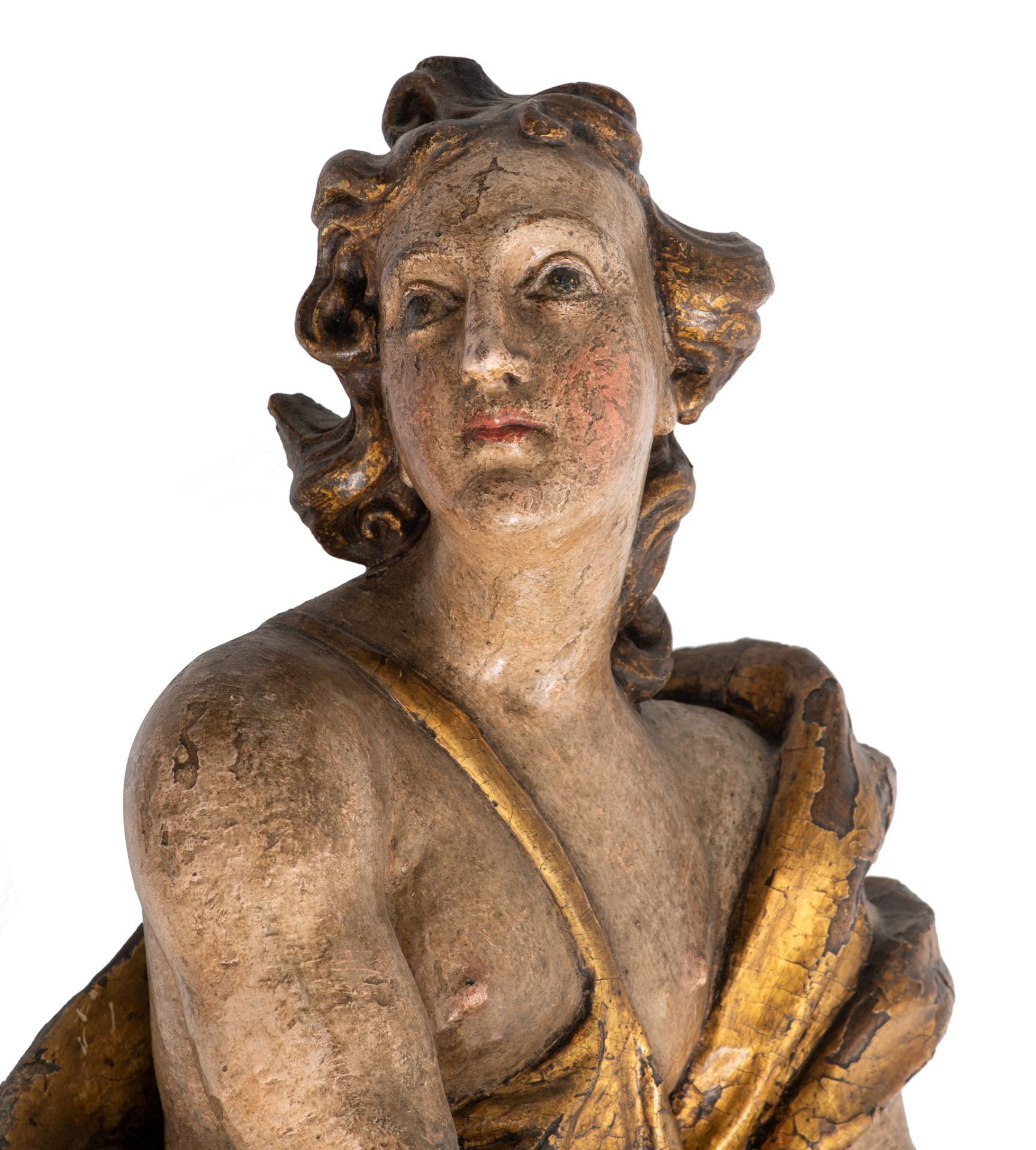 A fine pair of Baroque polychrome limewood angel figures, late 17thC, Southern Germany, H 77 cm - Image 10 of 14