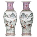 A pair of Chinese famille rose baluster vases, 20thC, H 61 cm