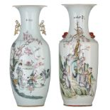 Two Chinese famille rose vases, with signed texts, Republic period, H 58,5 cm