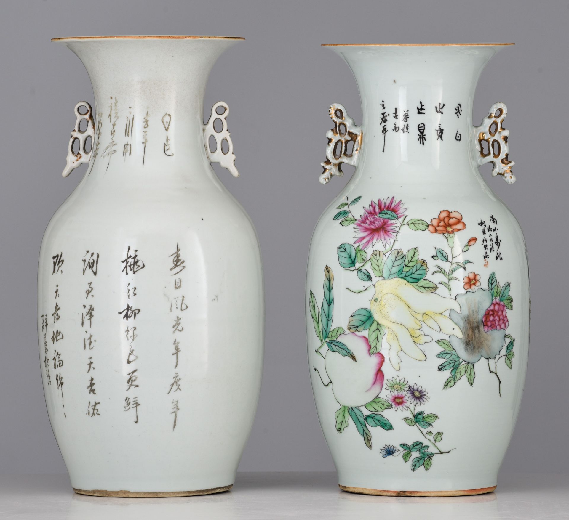 Two Chinese famille rose vases, each with a signed text, Republic period, H 41,5 cm - added a pair o - Image 4 of 14