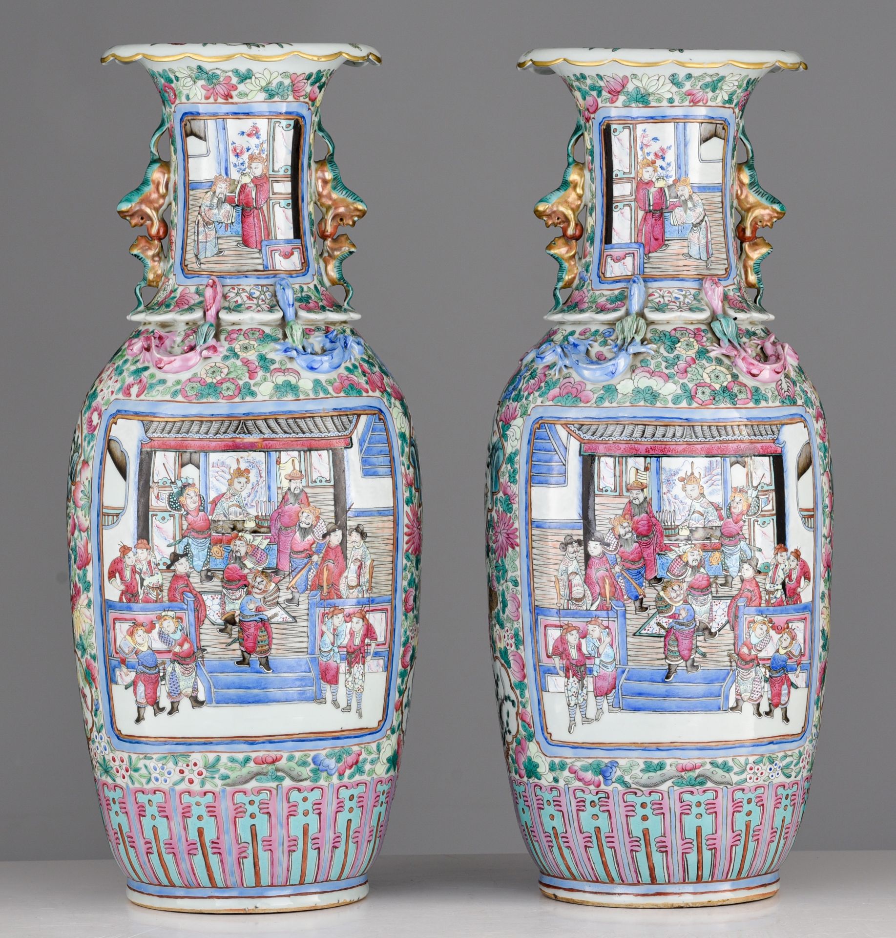 A pair of Chinese famille rose 'Romance of the Three Kingdoms' vases, 19thC, H 62 cm - Image 2 of 7