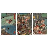 A triptych of Japanese woodblock prints by Yoshikazu, attack on Ichi-No-Tani, ca. 1858 (+)