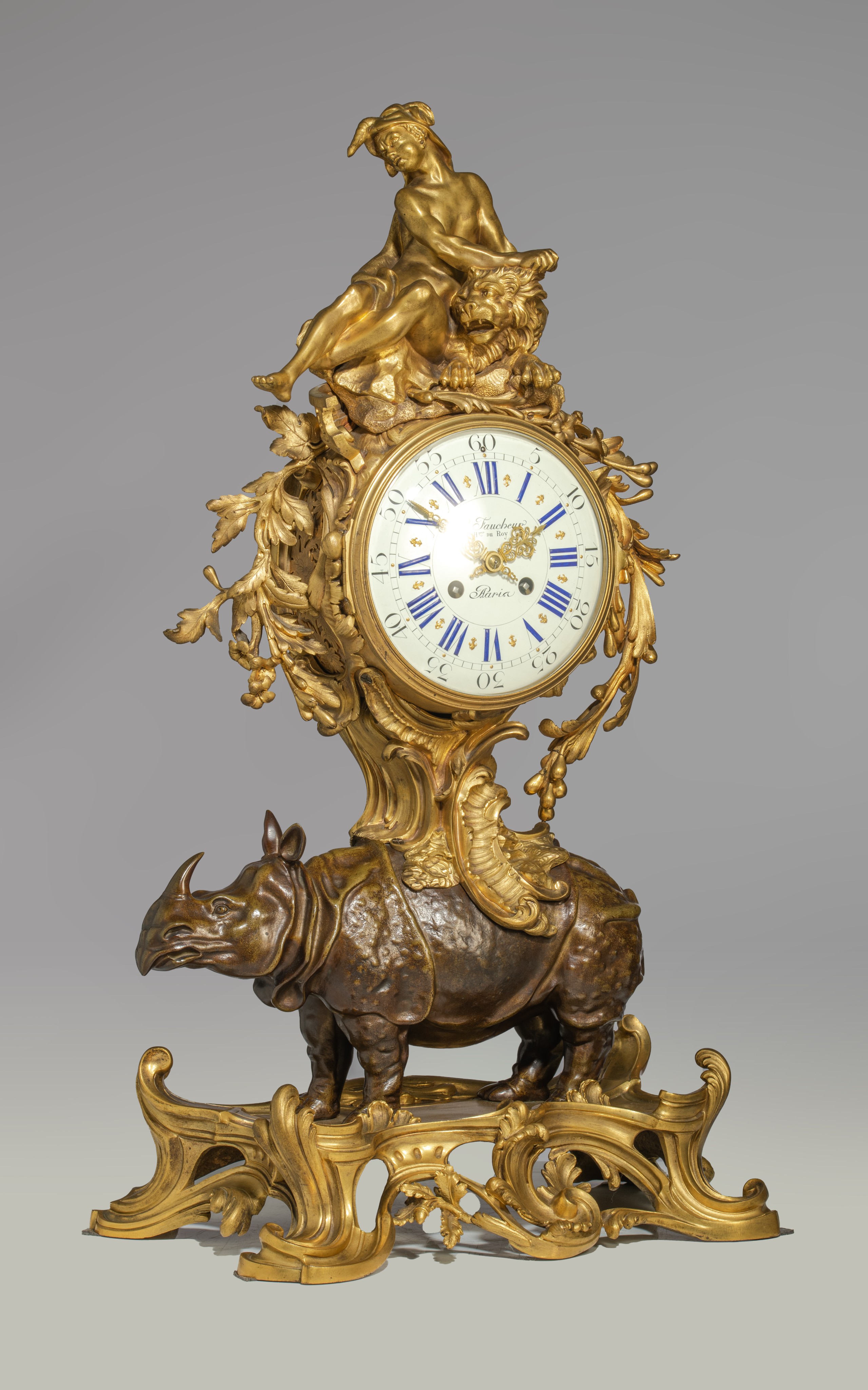 A very imposing Rococo style rhinoceros mantel clock, the dial signed 'Le Faucheur, Paris', H 77 - W - Image 3 of 12