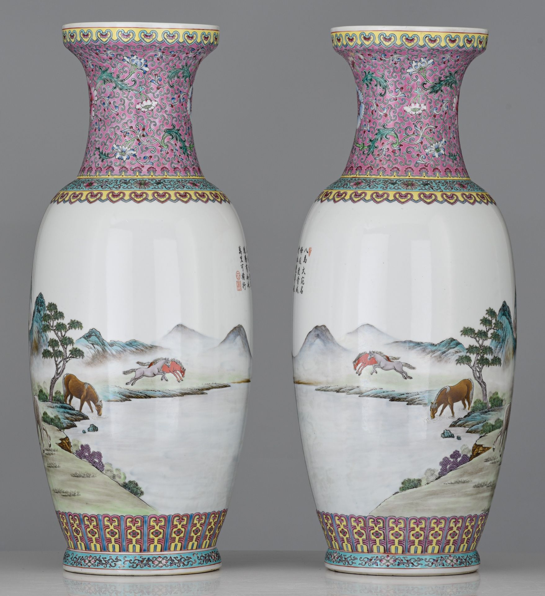 A pair of Chinese famille rose 'The Eight Horses of Wang Mu' vases, the back with a signed text, 20t - Image 5 of 7