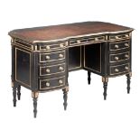 A Victorian ebonised wood pedestal desk, with gilt bronze mounts, H 73 - W 128 - D 61 cm