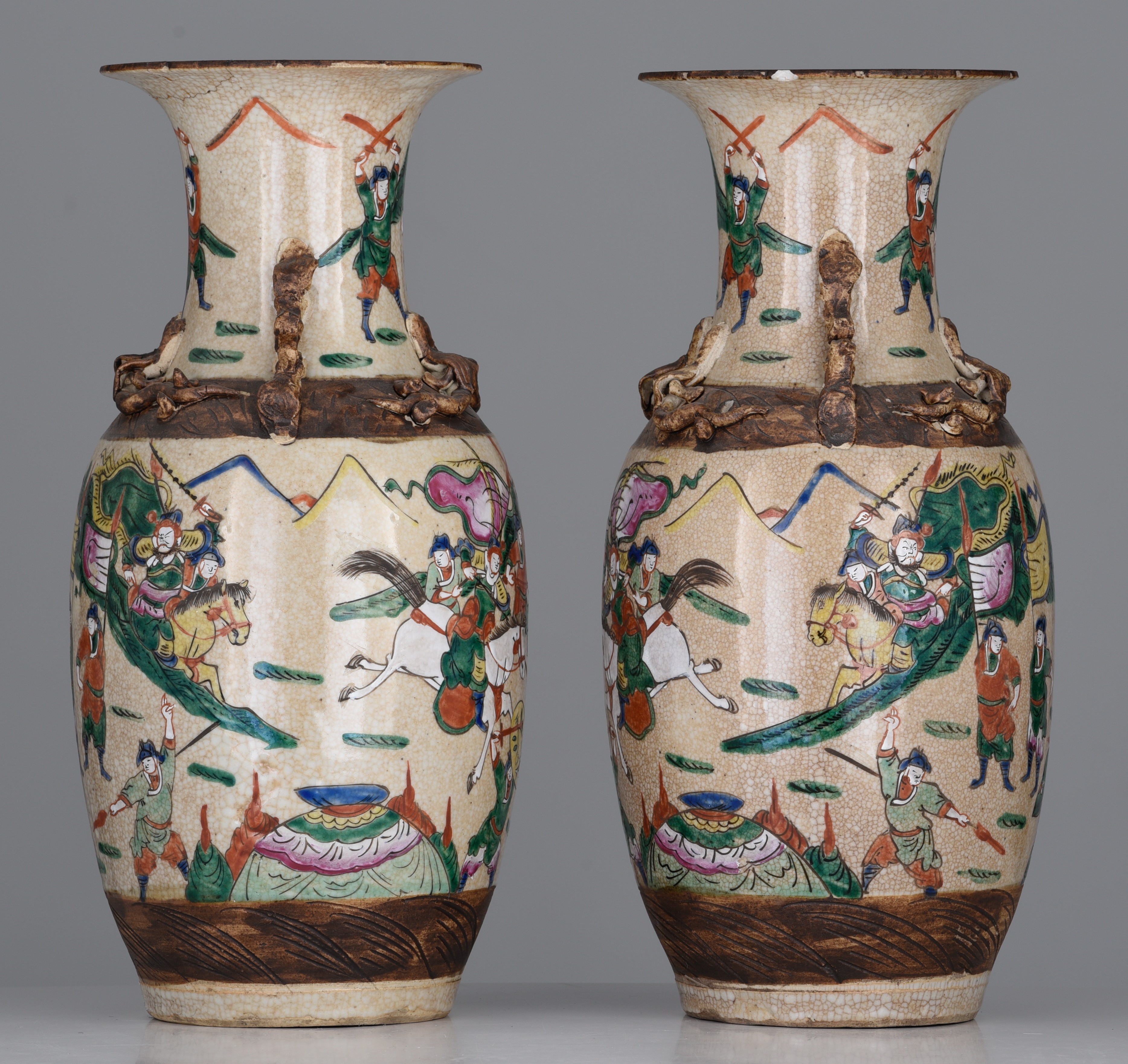 A pair of Chinese Nanking famille rose stoneware vases, 19thC, H 44 cm - Image 3 of 7