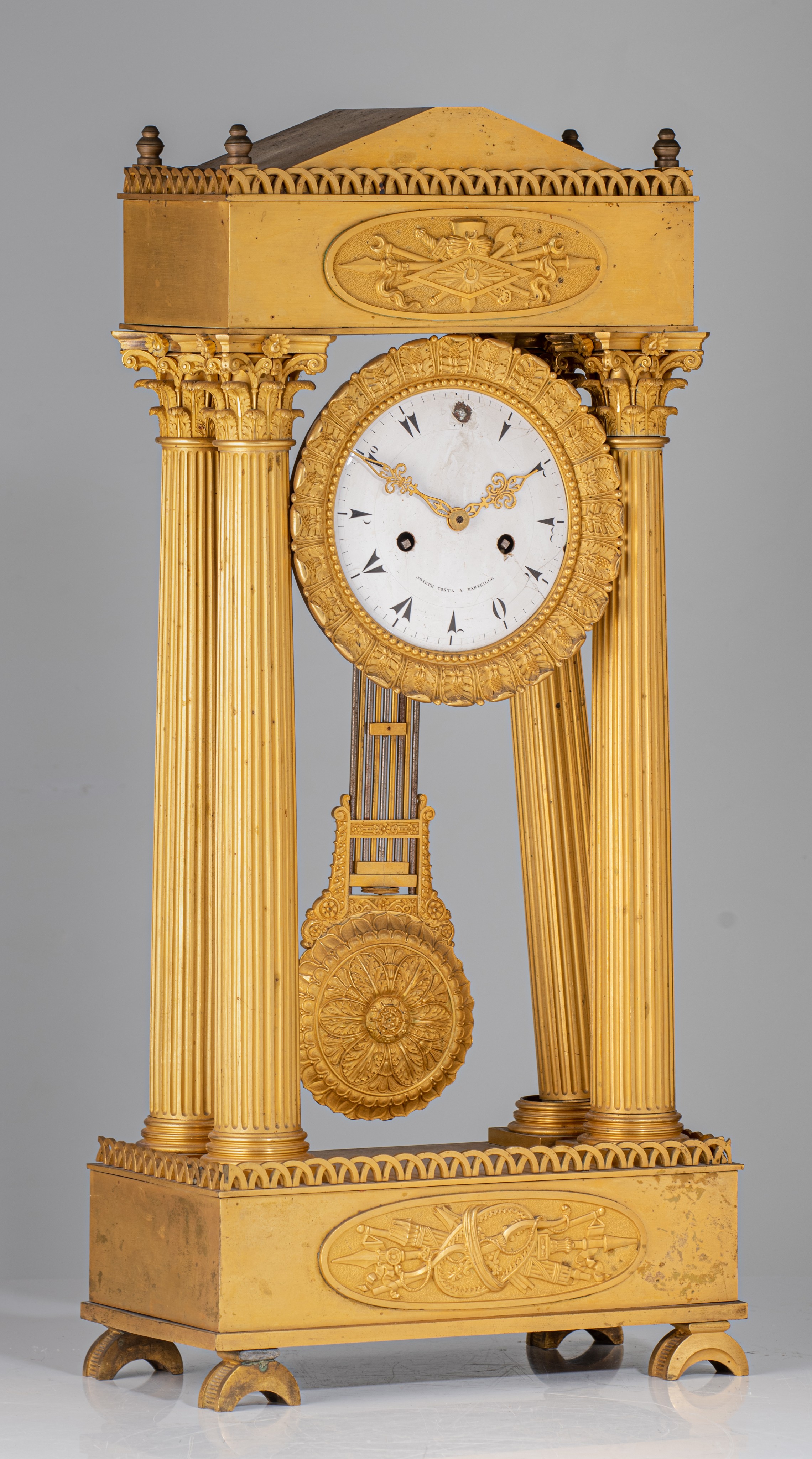 A Neoclassical gilt bronze portico clock, the enamelled dial signed 'Joseph Costa, a Paris', 19thC, - Image 2 of 9