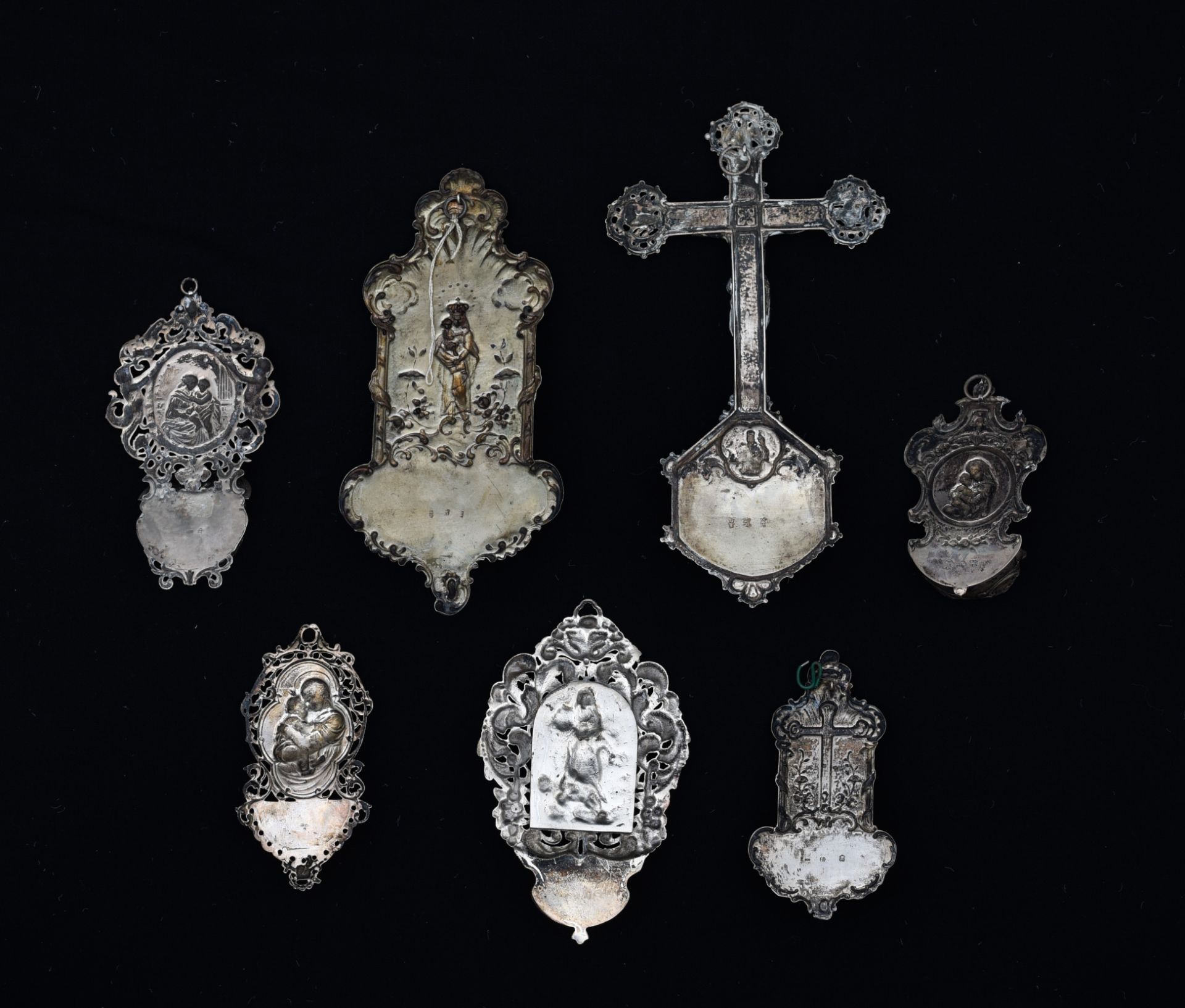 A collection of seven holy water fonts, H 12 - 26 cm, total weight: ca 780 g - Image 2 of 9