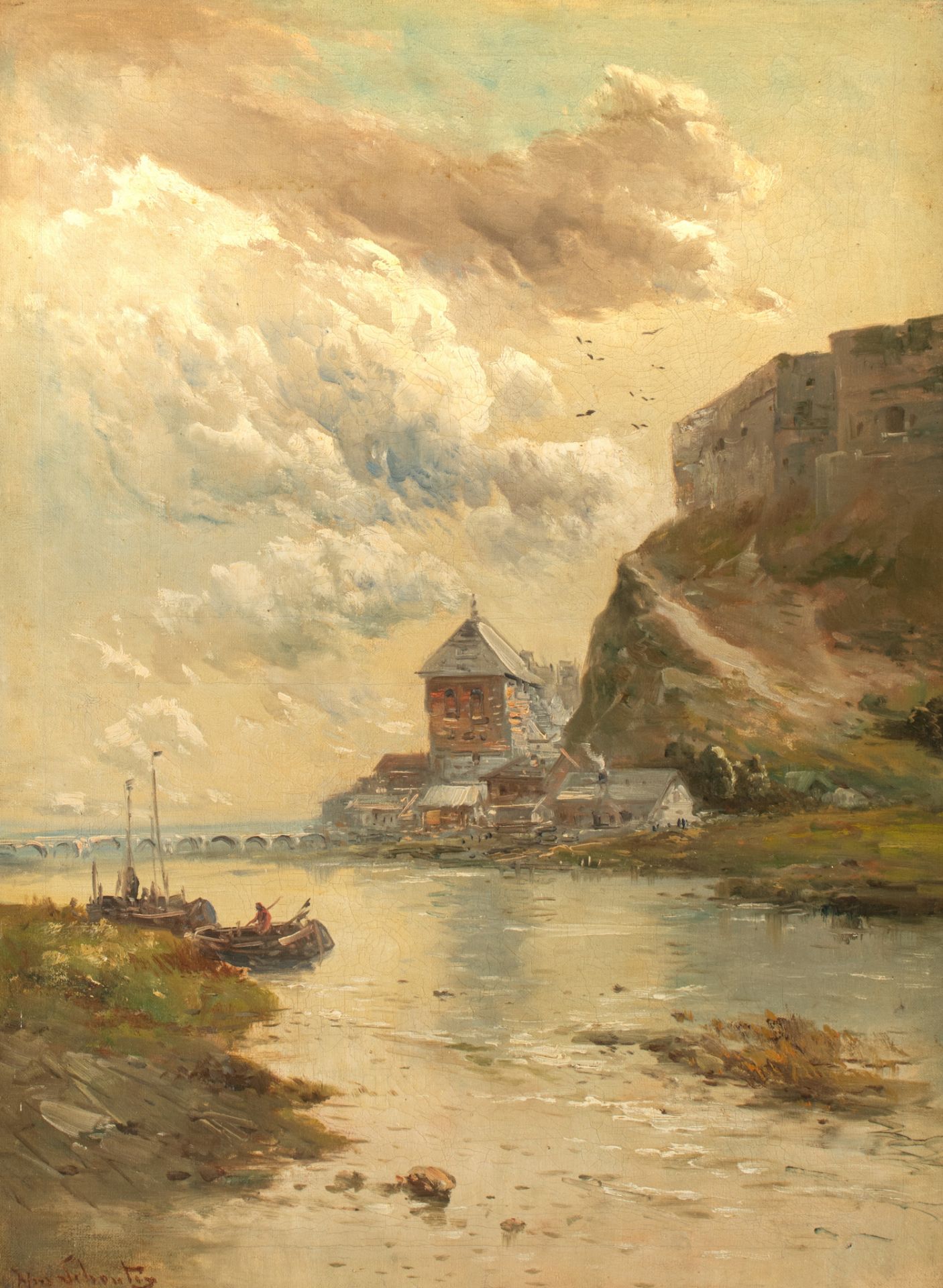 Henry Schouten (1857/64-1927), fishermen near the shore, oil on canvas, 60 x 80 cm