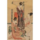 A Japanese woodblock print by Eishi, from the series on musical accomplishments, three courtesans on