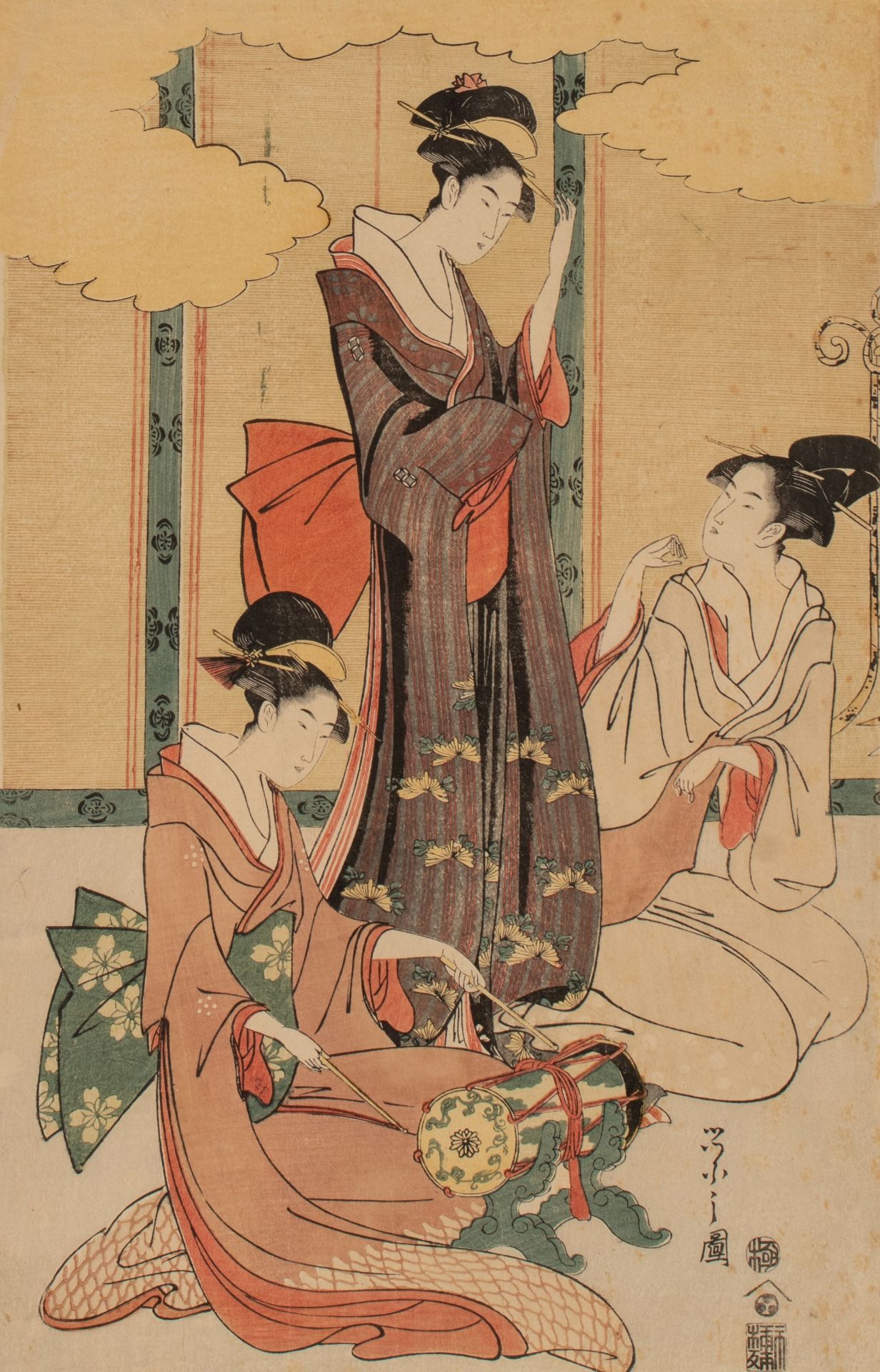 A Japanese woodblock print by Eishi, from the series on musical accomplishments, three courtesans on