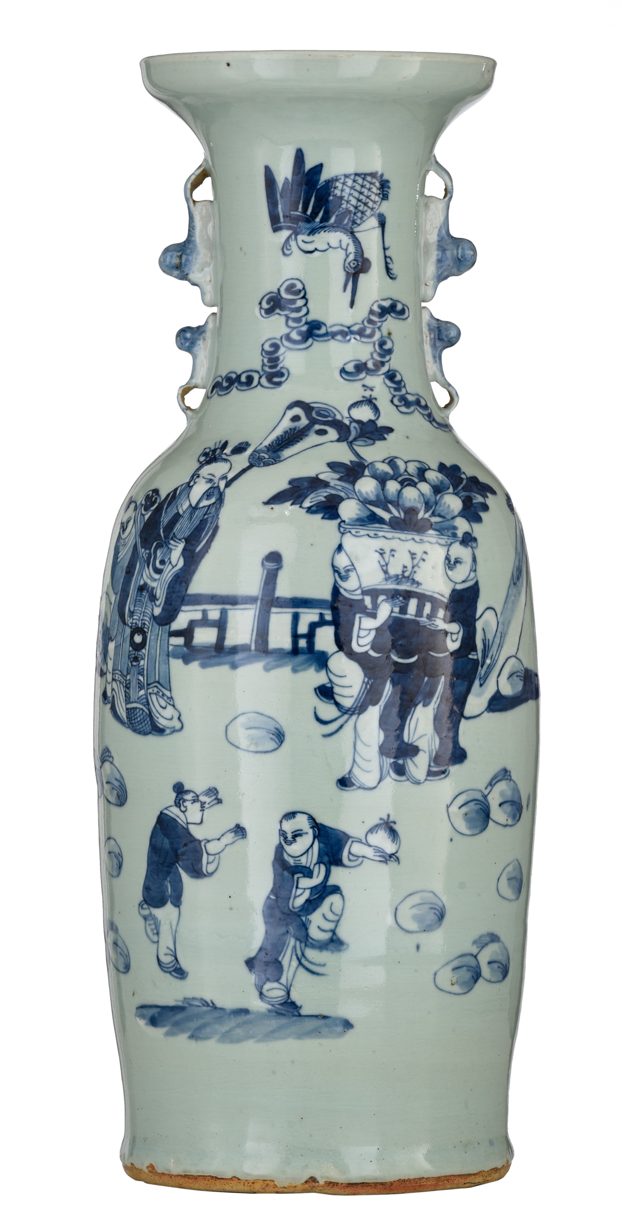 A Chinese blue and white on a celadon ground 'Figural' vase, paired with Fu lion handles, 19thC, H 5