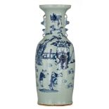 A Chinese blue and white on a celadon ground 'Figural' vase, paired with Fu lion handles, 19thC, H 5