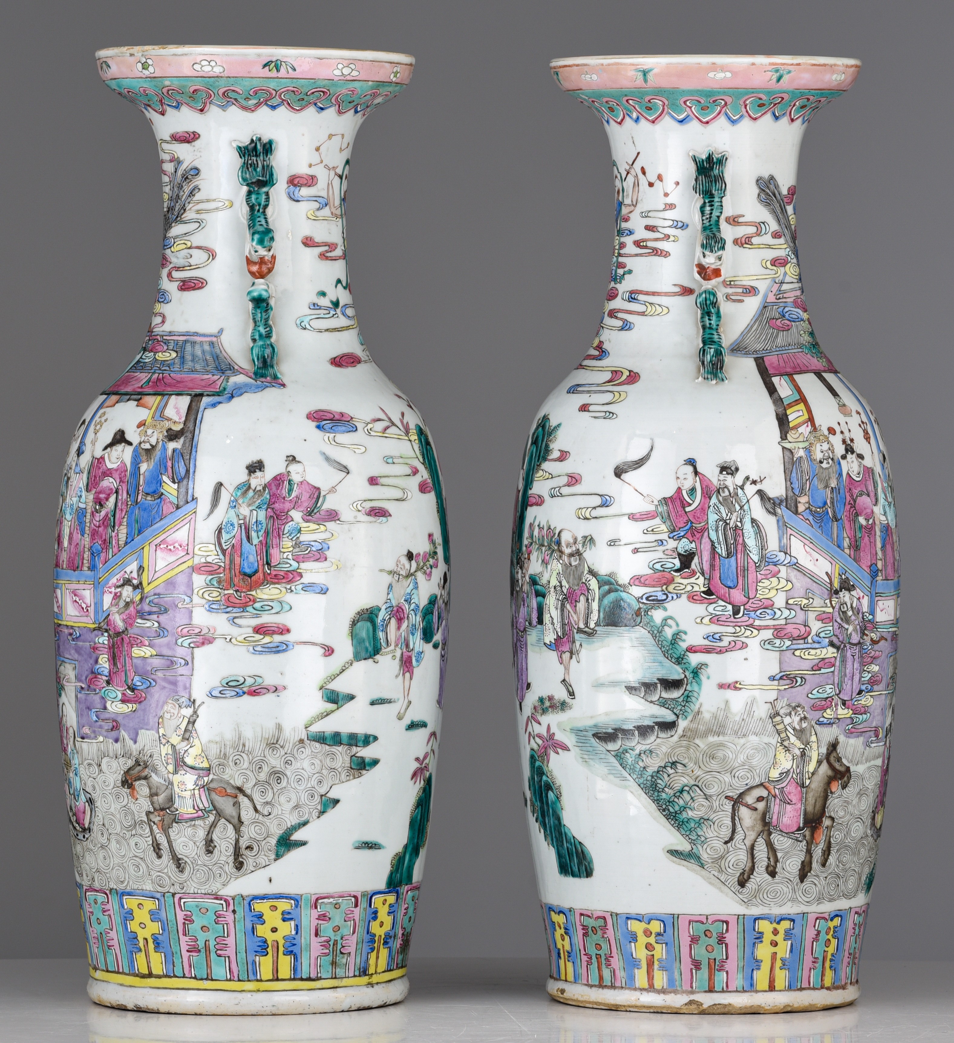 A pair of Chinese famille rose 'Immortals' vases, 19thC, H 58 cm - Image 5 of 7