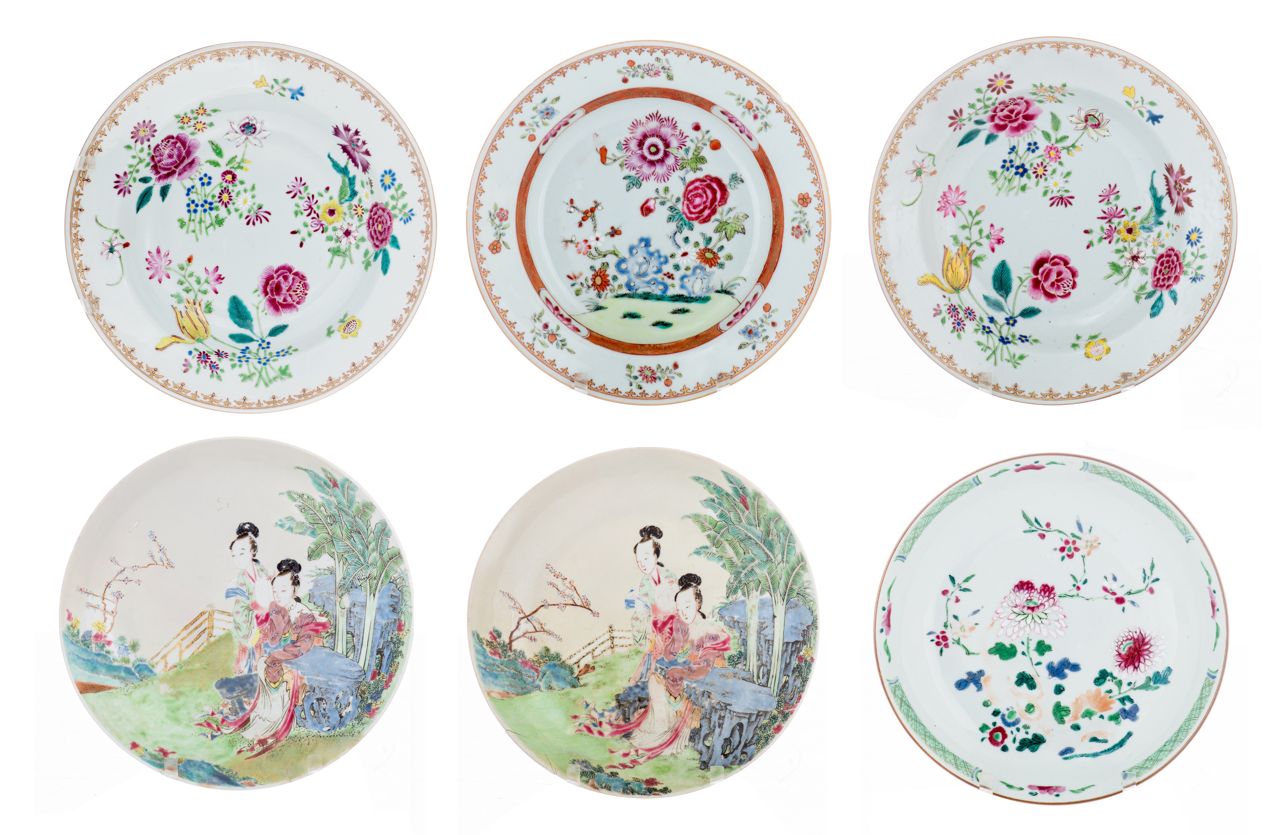 Two Chinese falangcai dishes, Yongzheng, dia. 22 cm - and a collection of four famille rose dishes,