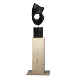 Jeanine Behaeghel (1940-1993), abstract sculpture, 1988, noir Belge marble on a travertine pedestal,