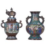 Two Japanese champleve bronze vases, 19thC/20thC, H 36,5 - 42,5 cm