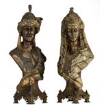 A pair of patinated spelter busts of an Ottoman princely couple, late 19thC, H 75 - 80 cm