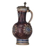 An exceptional pewter-mounted stoneware Westerwald jug, dated 1730, H 31 cm