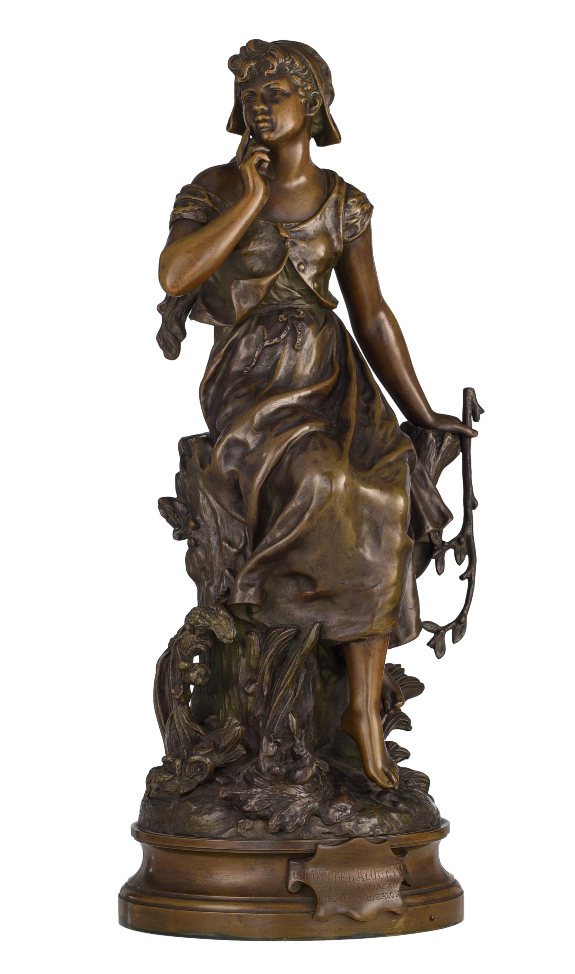 Hippolyte Francois Moreau (1832-1927), 'Chant de l'alouette', patinated bronze, H 58,5 cm