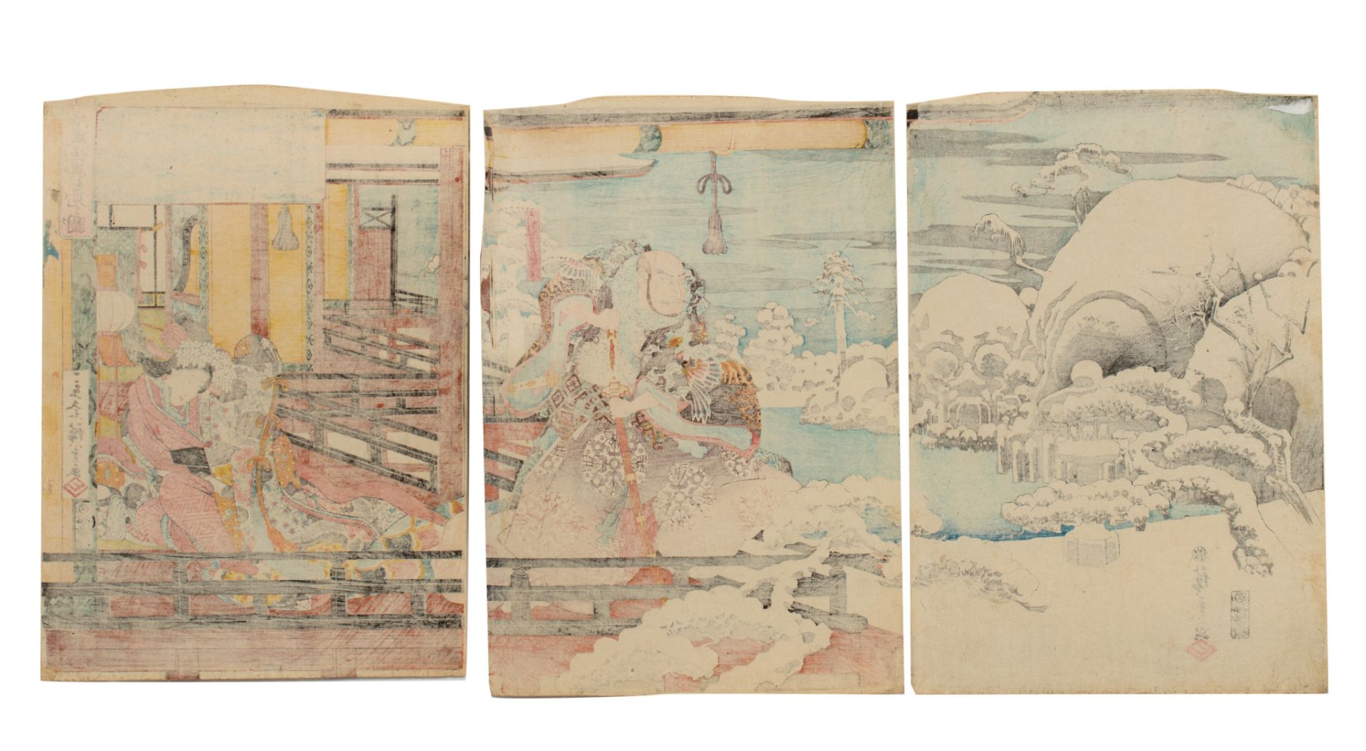 Triptych of Japanese woodblock prints by Hiroshige, the vision of Tiara Kiyomori, ca. 1843 (+) - Image 3 of 4