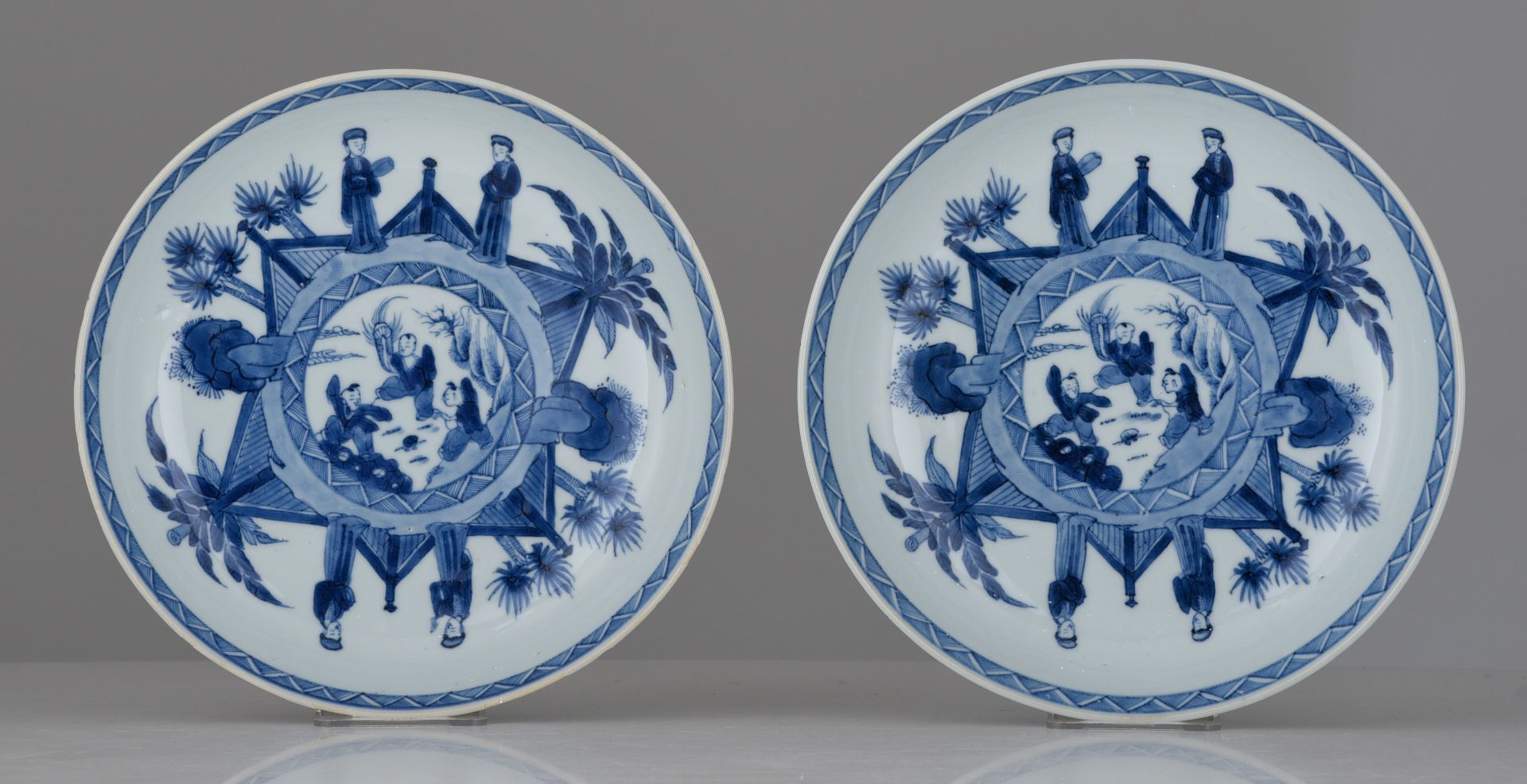 Two Chinese blue and white 'Figural' dishes, with a Chenghua mark, dia. 23 cm - Image 2 of 3