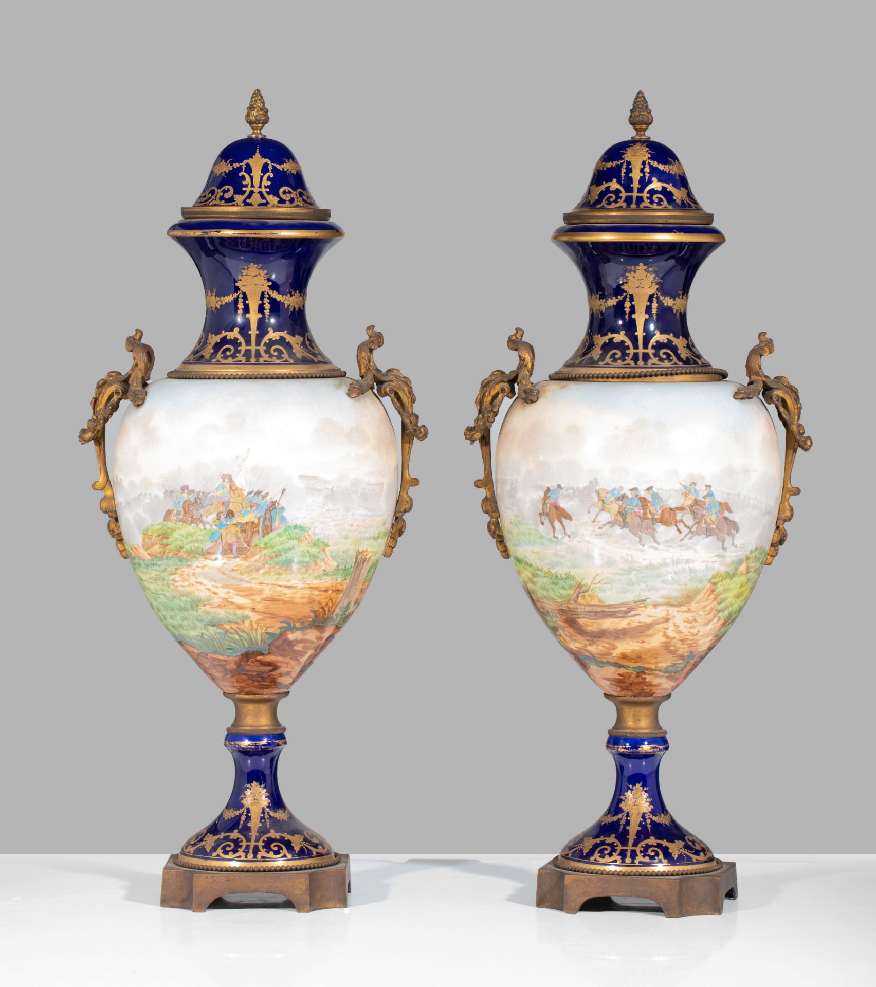 A pair of Sevres type vases, with hand-painted 17thC battle scenes, H 73 cm - Image 6 of 10