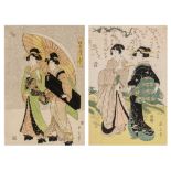 Two Japanese woodblock prints by Eizan, one with two courtesans walking through the snow under an um