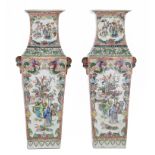 A pair of Chinese Canton mandarin rose quadrangular fanghu vases, paired with Fu lion head handles,