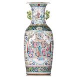 A Chinese famille rose vase, paired with lingzhi handles, 19thC, H 57 cm