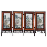 A Chinese miniature four-piece chamber screen with famille rose porcelain plaques, Total H 32 - W 56