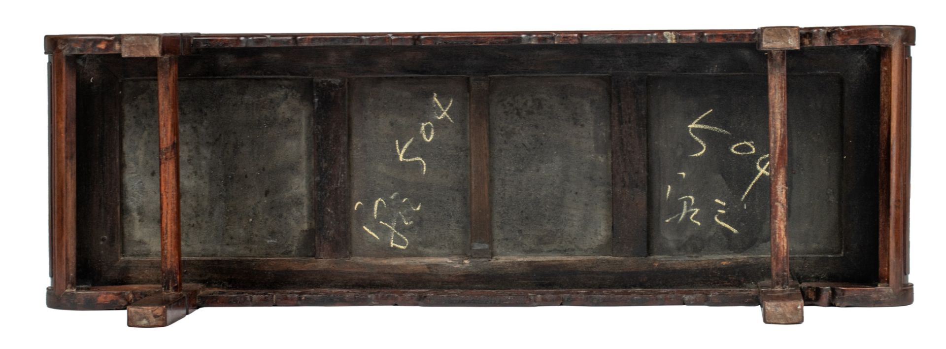 A Chinese hardwood kang table, with three 'dreamstone' marble plaques, Qing dynasty, 43 x 135 - H 47 - Image 8 of 9