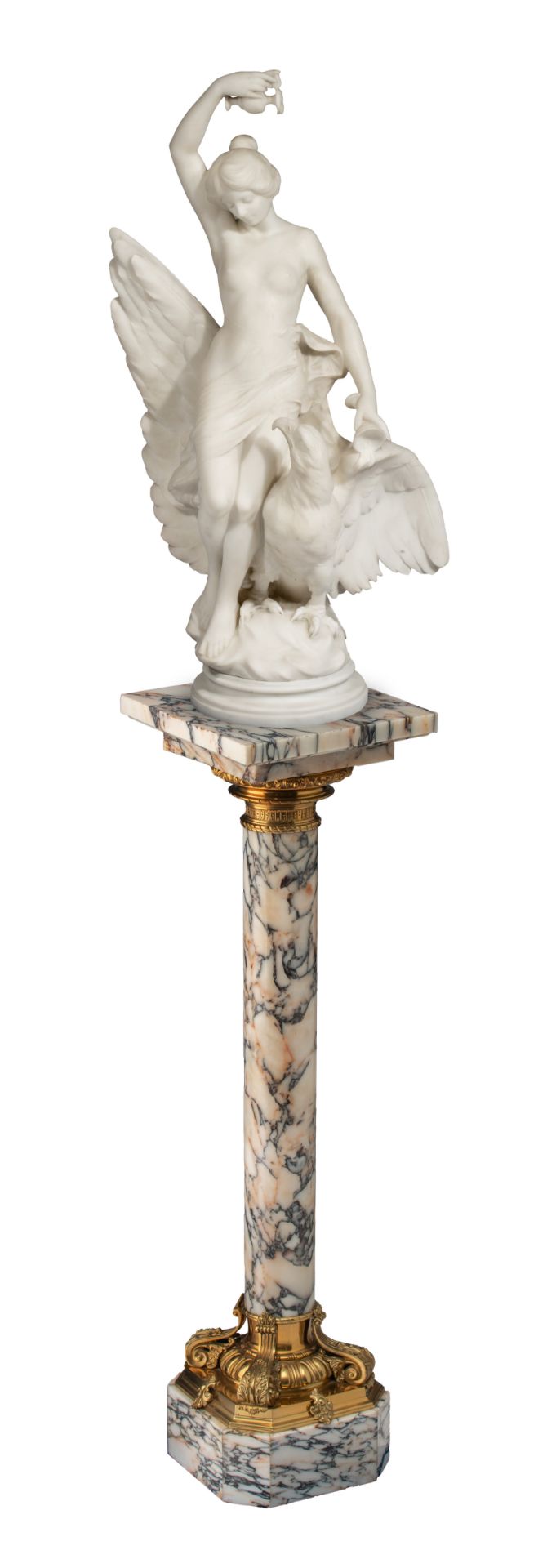 Joseph Cassaigne (1871-), Hebe feeding the eagle of Jupiter, Carrara marble on a marble column, H 19