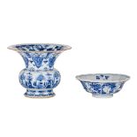 A Chinese blue and white floral decorated zhadou and a lobed bowl, Kangxi period, Tallest H 18 cm