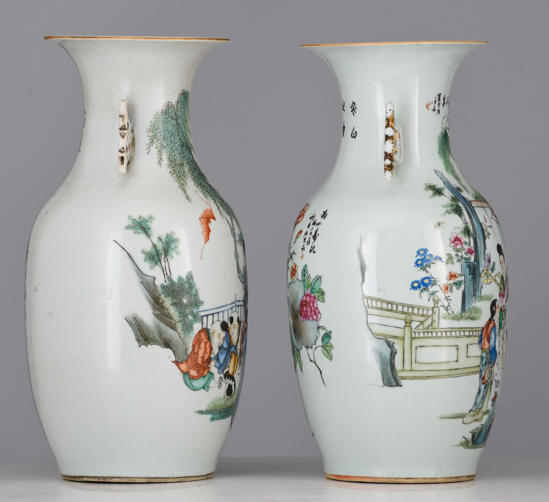 Two Chinese famille rose vases, each with a signed text, Republic period, H 41,5 cm - added a pair o - Image 5 of 14