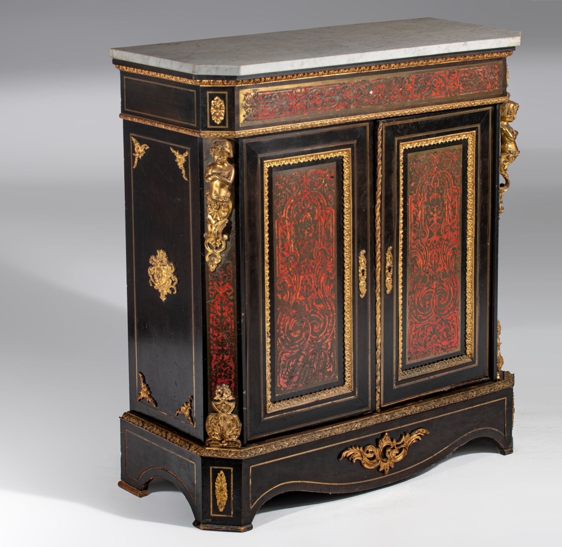 A Napoleon III Boulle work 'meuble d'appui', with gilt bronze mounts and Carrara marble top, H 104 - - Image 2 of 13