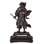 A Japanese bronze figure, fixed on a rectangular bronze base, Meiji period, Total H 43 cm