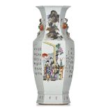 A Chinese famille rose hexagonal vase, paired with pomegranate handles, 19thC/Republic period, H 58