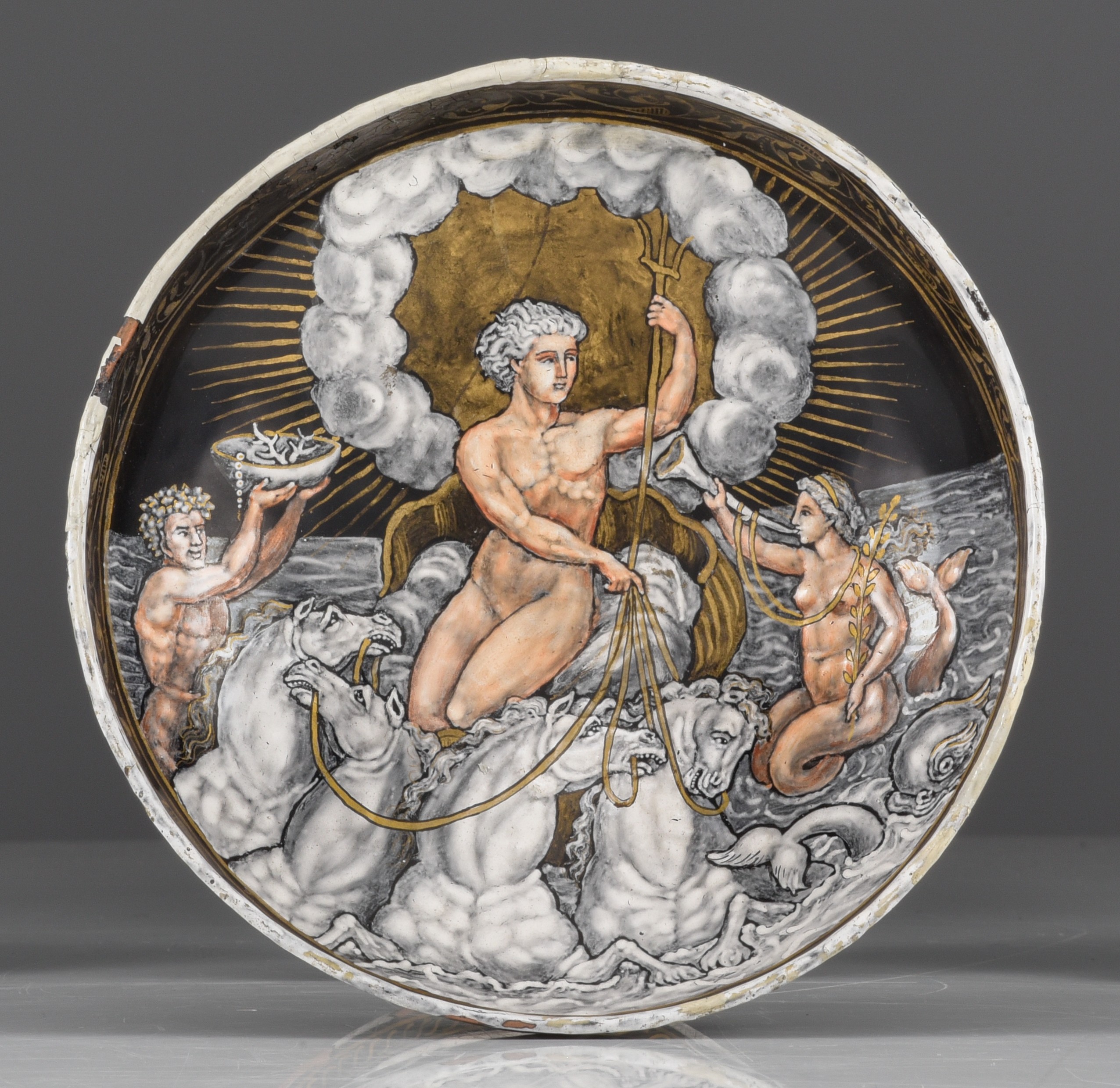 A Limoges enamel tazza with cover, depicting Neptune, presumably 16thC, on copper, H 26 cm - Bild 6 aus 15