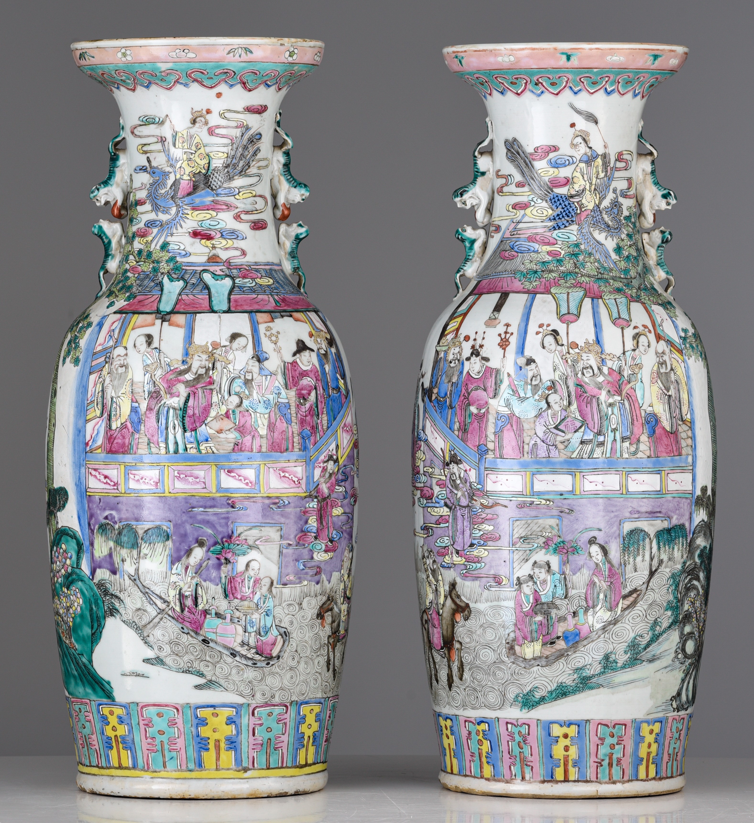 A pair of Chinese famille rose 'Immortals' vases, 19thC, H 58 cm - Image 2 of 7