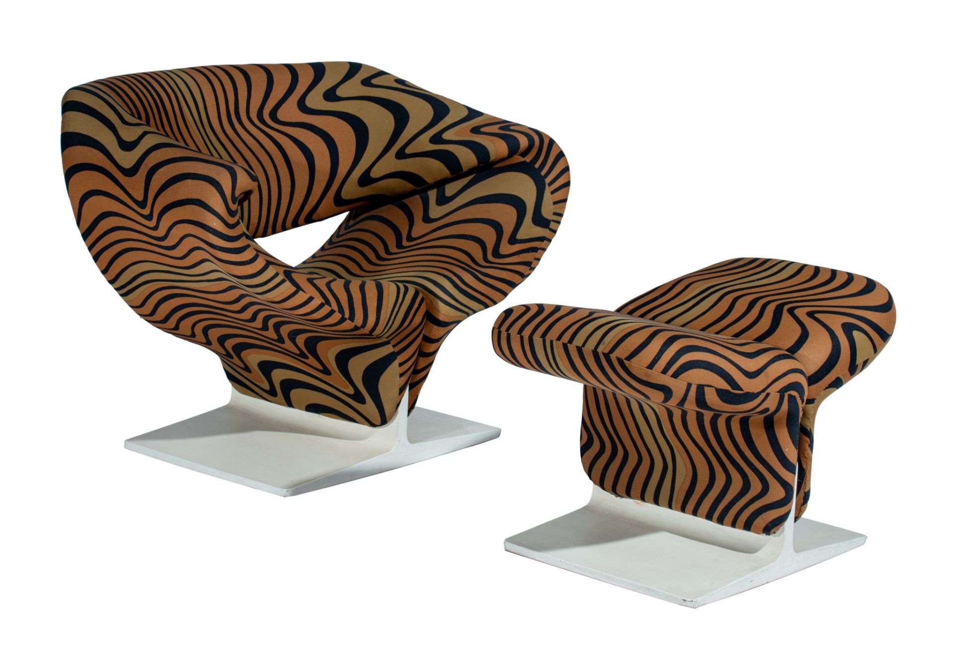 A rare Ribbon chair and ottoman by Pierre Paulin for Artifort, upholstered in 'Tiger' fabric by Jack