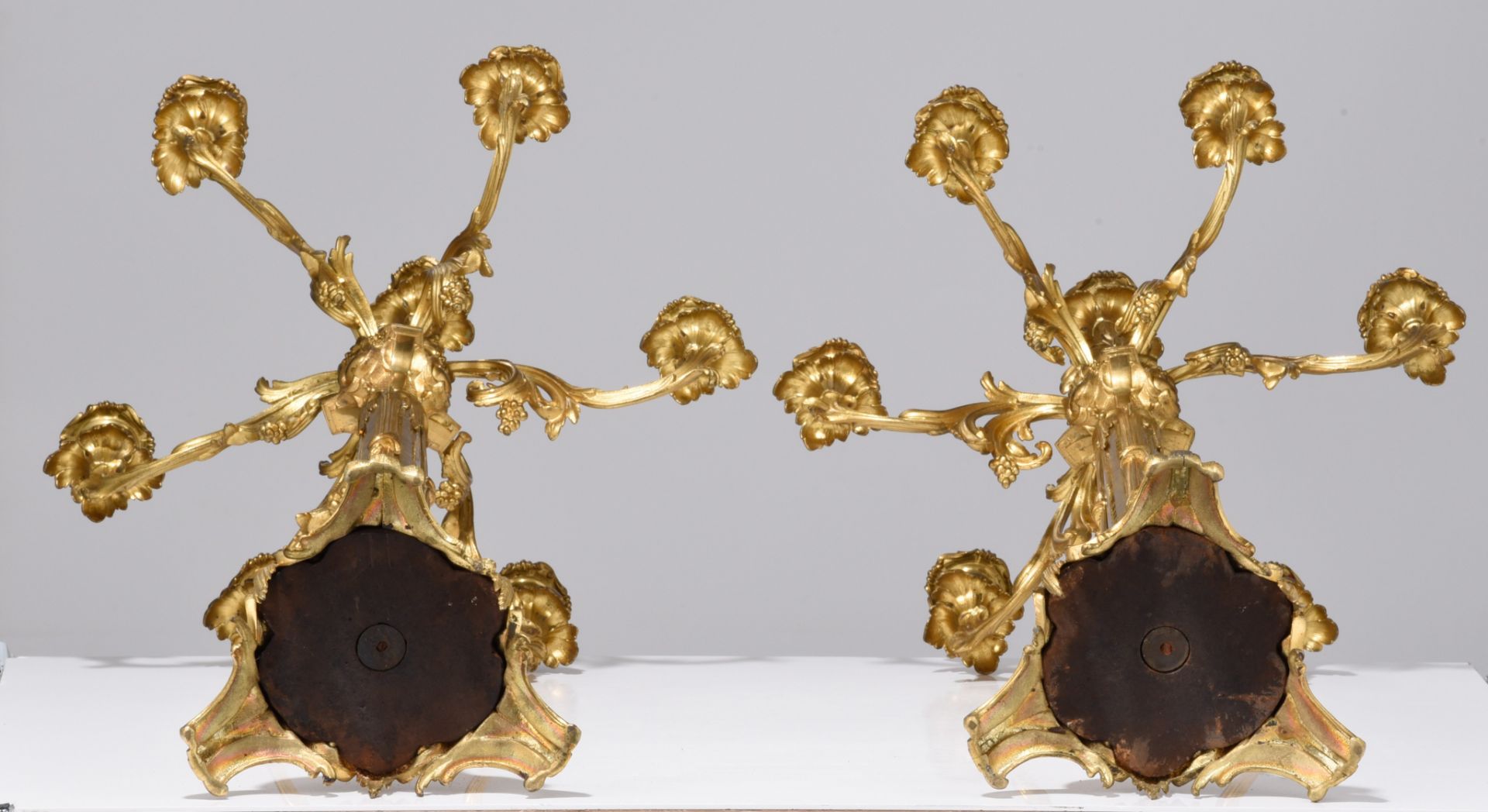 A large pair of Napoleon III gilt bronze candelabras and a matching coupe, H 74 - W 59 cm - Image 13 of 13