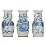 Three Chinese blue and white on celadon ground vases, 19thC, H 43,5 - 44 cm