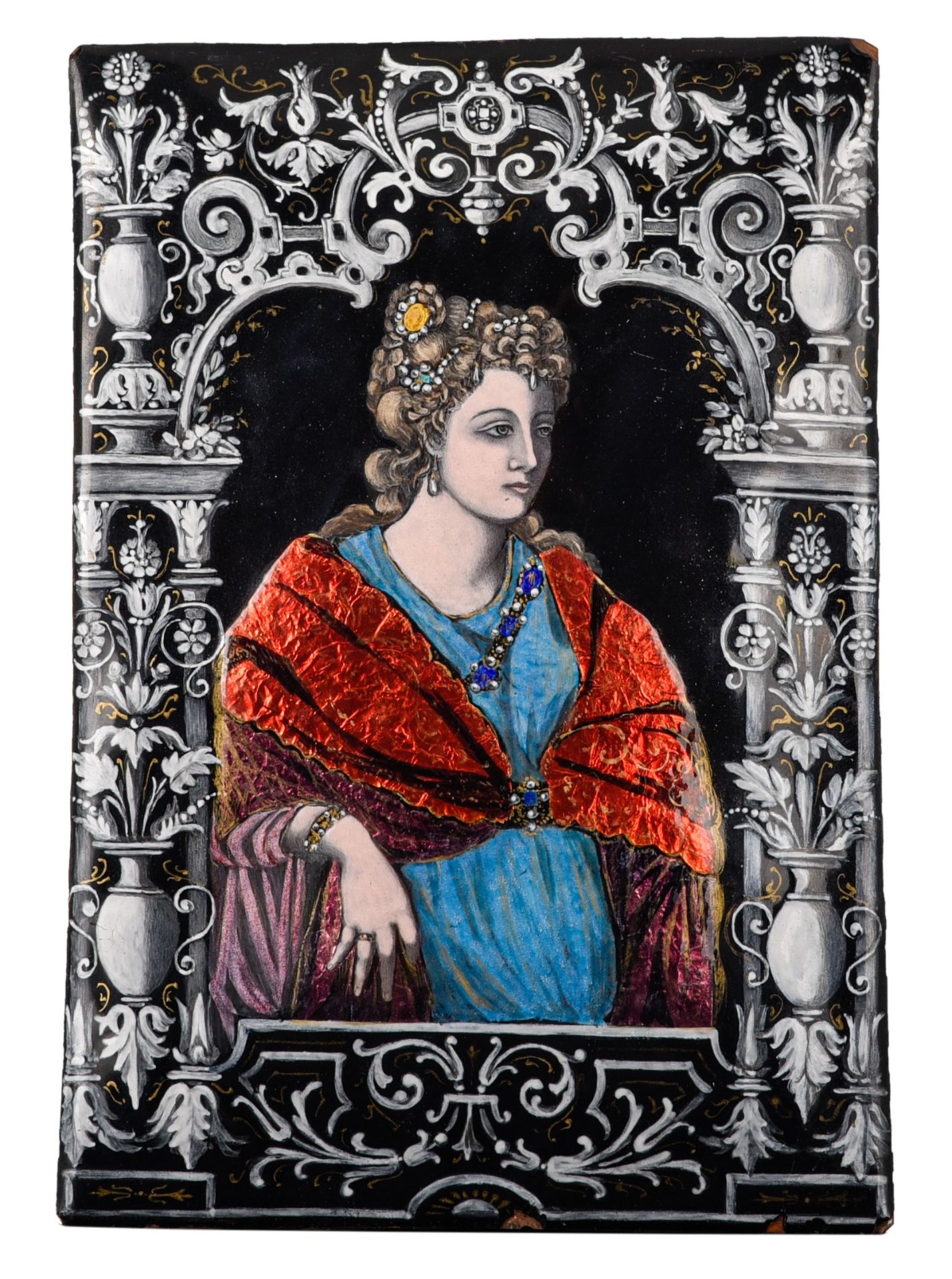 A collection of four Limoges painted enamel portrait plaques, H 9 - 27,5 cm - Image 10 of 21