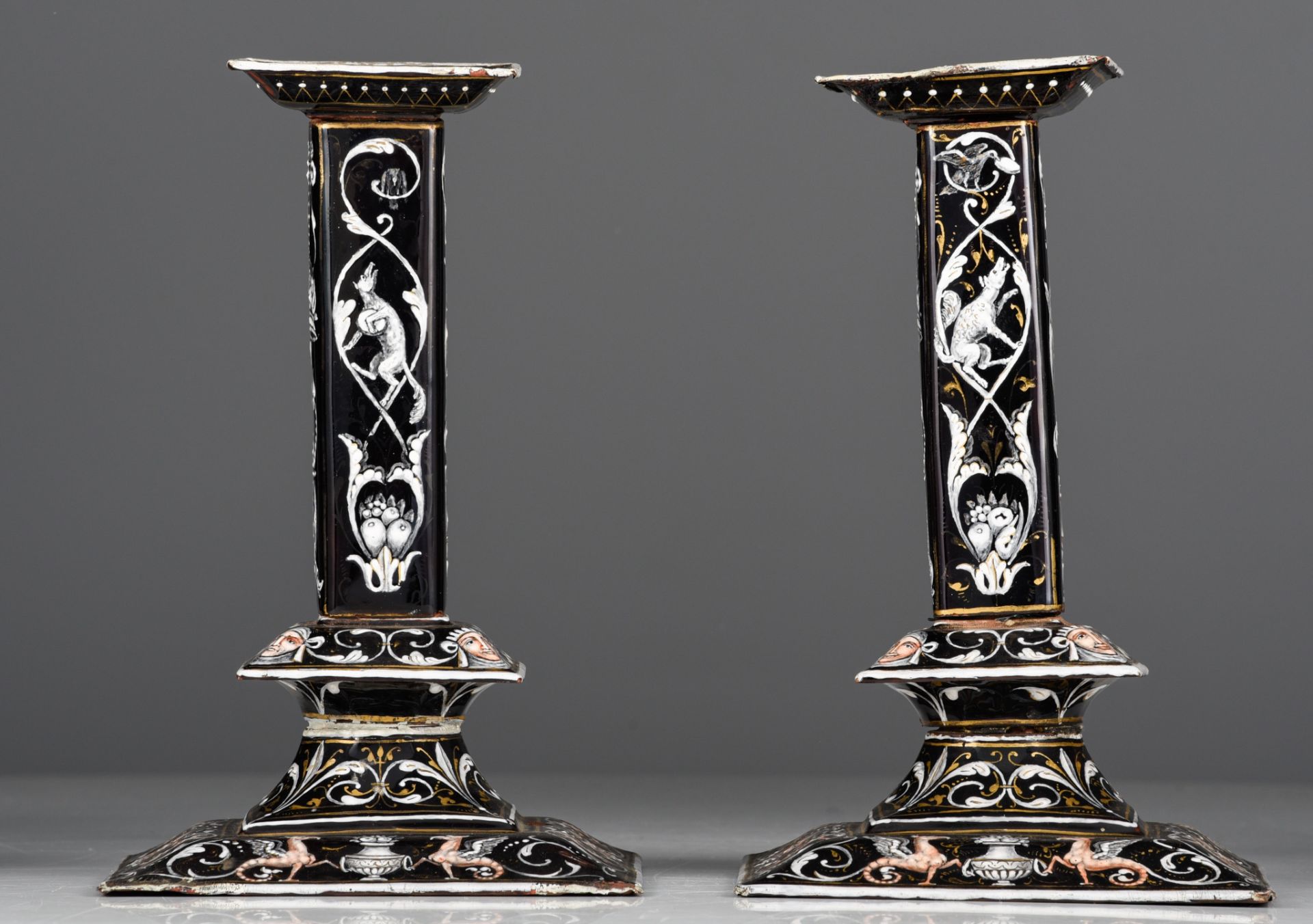 A pair of 17thC Limoges enamel candlesticks, H 23 cm (+) - Image 4 of 7