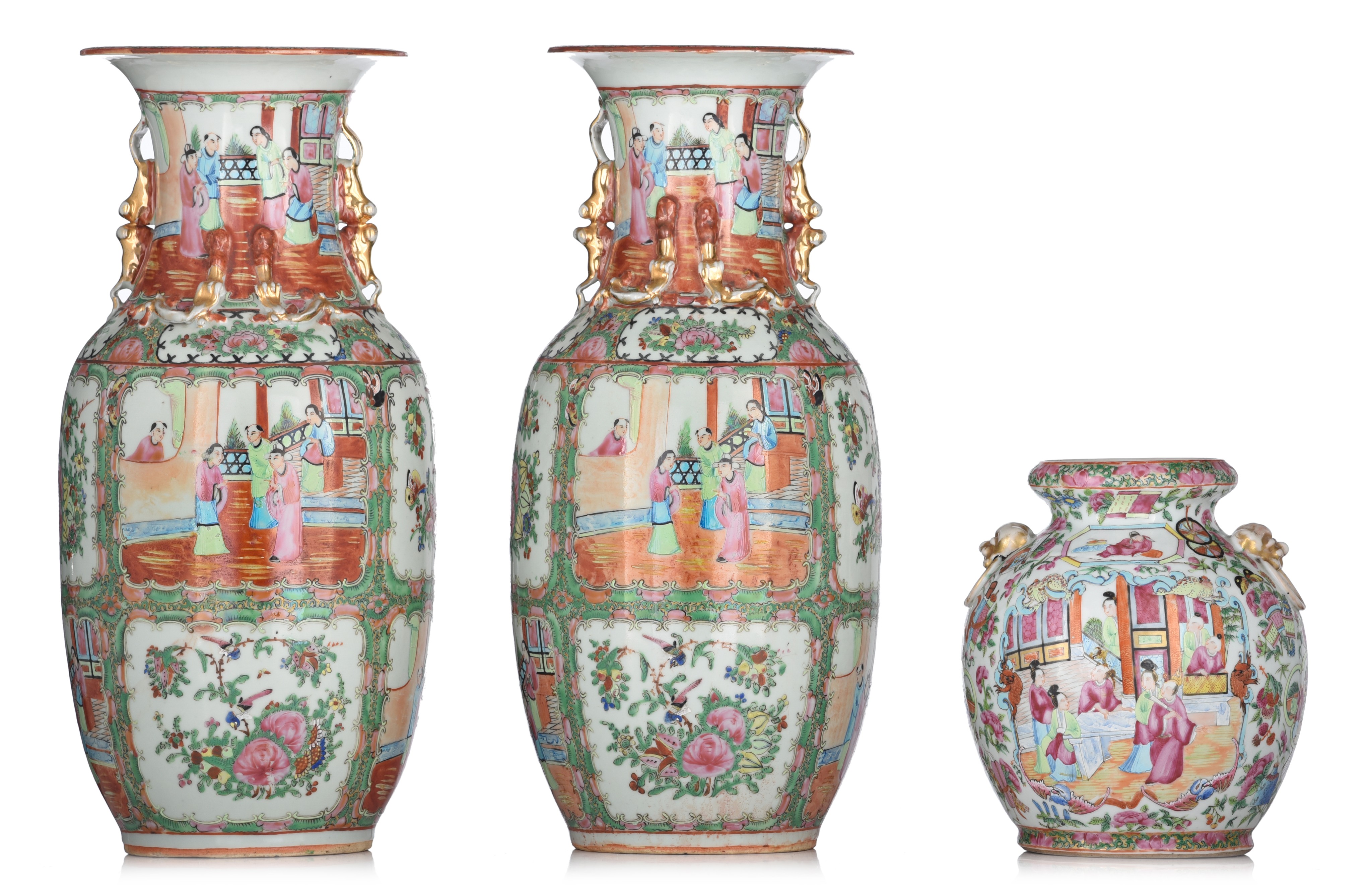 A similar pair of Chinese Canton famille rose vases, 19thC, H 44,5 cm - added a Chinese Canton pomeg